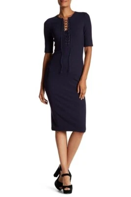 Derek Lam IO Crosby Ribbed Lace Up Midi Shirt Dress In Midnight Size 8 - Image 1 of 4