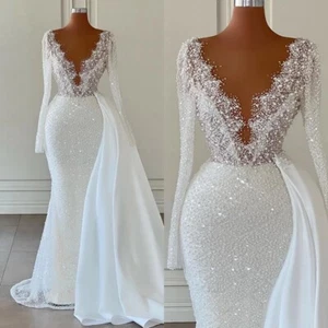 Luxury Mermaid Wedding Dresses V-Neck Long Sleeves Lace Sequined Bridal Gowns - Picture 1 of 11