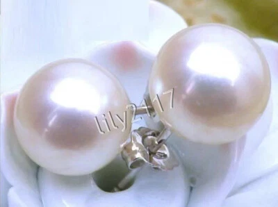 Perfect Round Genuine Natural White South Sea Pearl Stud Earrings 14K White Gold - Image 1 of 4