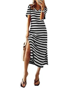 Women Casual Short Sleeve V Neck Stripe Maxi Dress Split Loose T-Shirt Dresses - Picture 1 of 14