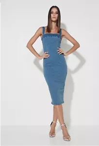 MOSSMAN The Strike Back Midi Dress Sz 12 Stretch Denim Blue - Picture 1 of 6