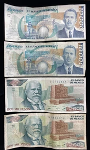 Mexico Two 10000 Pesos and Two 2000 Pesos Banknotes - Picture 1 of 6
