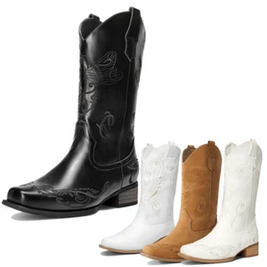 Women Pull On Square Toe Western Mid Calf Boots Low Heel Cowboy Cowgirl Boots - Picture 1 of 38