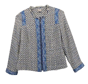 Chicos Tan Blue Woven Tweed Fringe Medallion Scarf Print Trim Blazer Jacket Sz 1 - Picture 1 of 13
