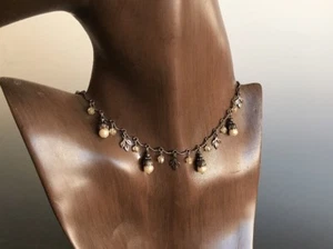 Delicate 16" Pearls and Leaves Sterling Black Patina Necklace with Heart Clasp - Picture 1 of 5