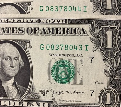 1963 B One Dollar , Joseph W. Barr Note. 2-consecutive Ser. Numbers Uncirculated - Image 1 of 3