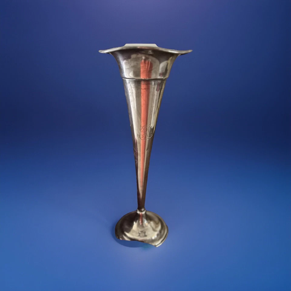 "Antiguo jarrón trompeta brote plata esterlina pura de 12"" con borde con volantes ponderado monograma" Foto 1 de 4