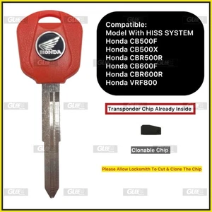 Llave en blanco HISS RED Honda CBR500R 600R CB500F 500X 600F VFR800 Llave transpondedor - Imagen 1 de 2