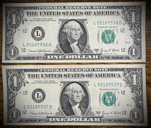 (2) Billetes de dólar 1969-D serie consecutiva CU L55187536D L55187537D - Imagen 1 de 3