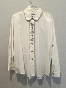 Vintage Ivory Button Front Shirt Embroidered Flowers Beige Scalloped Trim Size L - Picture 1 of 9