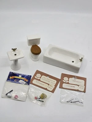 Dollhouse Miniature Bathroom Set Bathtub Toilet Sink Porcelain EXTRAS Toiletries - Image 1 of 4