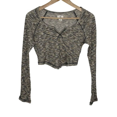 Camiseta BDG para mujer Theo Notch manga larga grande marrón jaspeado recortada cuello en V Foto 1 de 4