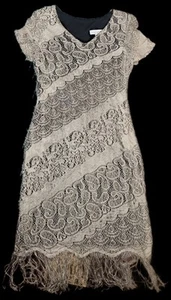 Harlow Vintage Size 12 Crochet Lace Lined Maxi Dress Art Deco Flapper Fringe Hem - Picture 1 of 11