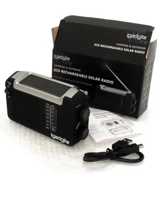 iGadgitz Xtra U4457 Wind Up Solar & USB Rechargeable Black Portable AM/FM Radio - Image 1 of 4
