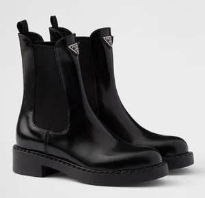 Prada Chocolate Brushed Leather Black Pull On Chelsea Ankle Mid Calf Boot 37.5 - Picture 1 of 17