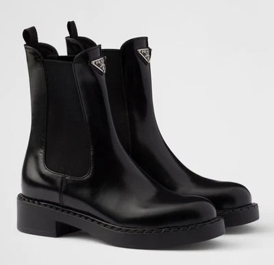 Bota Prada de cuero cepillado chocolate negra al tobillo Chelsea media pantorrilla 38,5 Foto 1 de 4