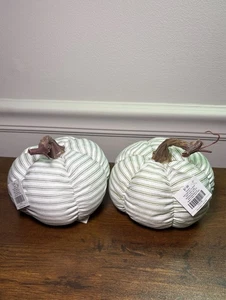 Set 2 zucche in tessuto decorativo Hobby Lobby righe verdi e grigie 6" autunno 2021 - Foto 1 di 6