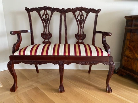 Vintage Carved Mahogany Chippendale Claw Foot Settee. Reupholstered Cover