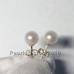 AAA South Sea white Natural Pearl Earrings 14K Yellow Gold Stud 7 mm 