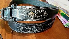 Black Leather Belt Silver Buckle Vtg Biker Western 36 stitch/concho design
