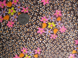 SWEET Vintage PINK PURPLE YELLOW FLOWERS On BROWN 1970's COTTON Fabric-over 1 yd - Picture 1 of 2