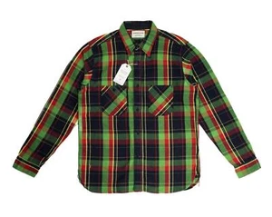 Samurai Jeans $ 395 Neu mit Etikett seilgefärbtes kariertes Flanellhemd grün indigo SIN23-01W XL - Bild 1 von 7