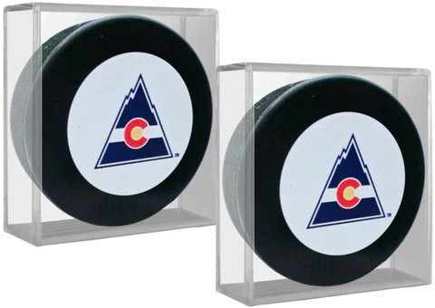 Colorado Rockies Vintage NHL Logo Pucks w/Clear Acrylic Display Cubes (2-Pack) Cover
