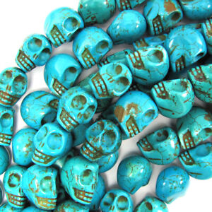 18mm blue turquoise carved skull beads 15.5" strand