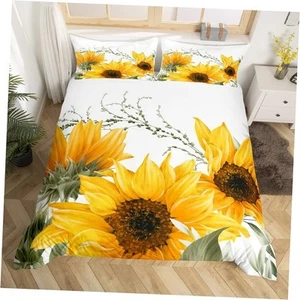 Sunflower Bedding Set Watercolor Botanical Branches Kids Comforter King Yellow - Picture 1 of 7