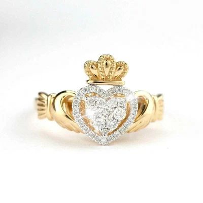 1.50 Ct Heart Shape Real Moissanite Claddagh Wedding Ring 14K Yellow Gold Plated - Image 1 of 4