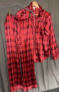 Victoria Secret Pajama Set Womens M Top Tie Pants Red Black Plaid Tartan Satin - Picture 1 of 18