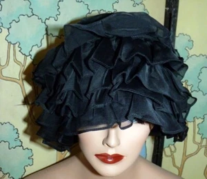 Vintage 1960s MR JOHN Ruffled Black Tule & Velvet Hat - Picture 1 of 5