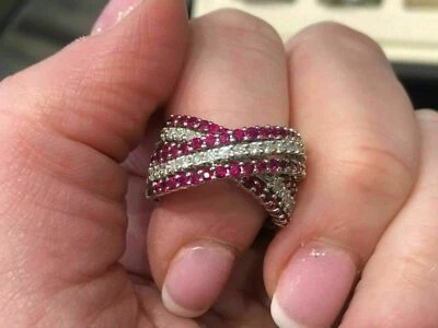 2Ct Round Cut Pink Ruby & Diamond Criss Cross Band Ring 14K White Gold Finish - Image 1 of 4