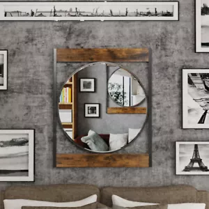 Farmhouse Metal Round Mirror in Square Frame Wall Decor for Bathroom Living Room - Picture 1 of 12