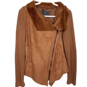 CiSono Cavalini Ribbed Knit Faux Fur Suede Sweater Jacket Medium Brown Full Zip - Picture 1 of 13