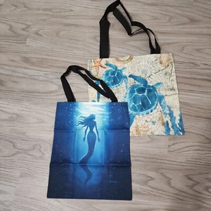 2 Canvas Tote Bags Ocean Turtles Mermaid Multipurpose Blue Tan Cotton Reusable - Picture 1 of 10