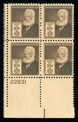 US Stamp #893 Alexander Graham Bell 10c - Plate Block of 4 - MNH - CV $40.00 - Image 1 of 2