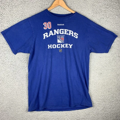 NY Rangers Reebok NHL Player T-Shirt #30 LUNDQVIST Size Large Blue NYR Faded Cover