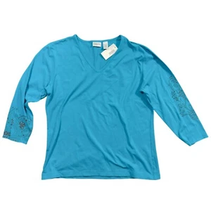 Chico's T-Shirt Top Women's XL Turquoise 3/4 Sleeve V-Neck Adagio Veanna Stretch - Picture 1 of 3