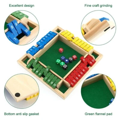 Wooden Shut The Box 4 Players Family Traditional Pub Dice Kid Puzzle Board Game. - Image 1 of 4