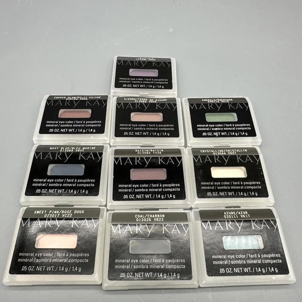 Lote de 10 Mary Kay Mineral Cor dos Olhos Rosa Doce Carvão Azure Passas Íris Esmeralda+ - Imagem 1 de 4