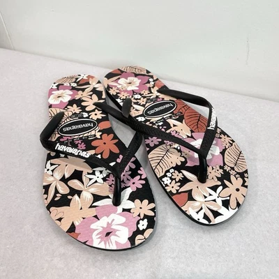 Sandalias chanclas florales Havaianas para mujer EE. UU. 7/8 negras, rosas, naranjas Foto 1 de 4