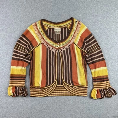 Karen Millen England Cardigan Womens 2 Brown Yellow Sweater Striped Ruffle Cuffs - Image 1 of 4