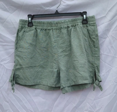 Sanctuary Mid Rise Pull On Linen Shorts Large Tie Detail Green Coastal Beach - Image 1 of 4