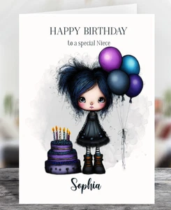 Tarjeta de Cumpleaños Brillante Niña Gótica Personalizada con Globos - Elige Talla - Imagen 1 de 3
