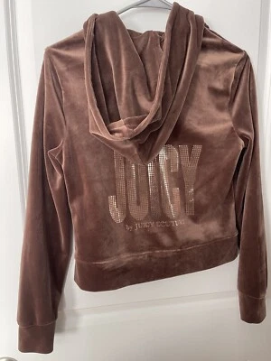 Chaqueta con Capucha Juicy Couture Terciopelo Cremallera Completa Marrón con Dorado Bling Talla Pequeña ¡NUEVA! Foto 1 de 3