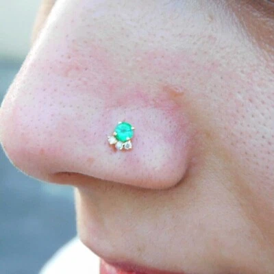 Pin piercing anillo nariz diamante esmeralda real corte redondo oro amarillo 14K Foto 1 de 4