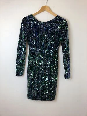 Motel черный бархат зеленый блестки V назад с длинными рукавами обтяжку платье размер маленький - Изображение 1 из 4