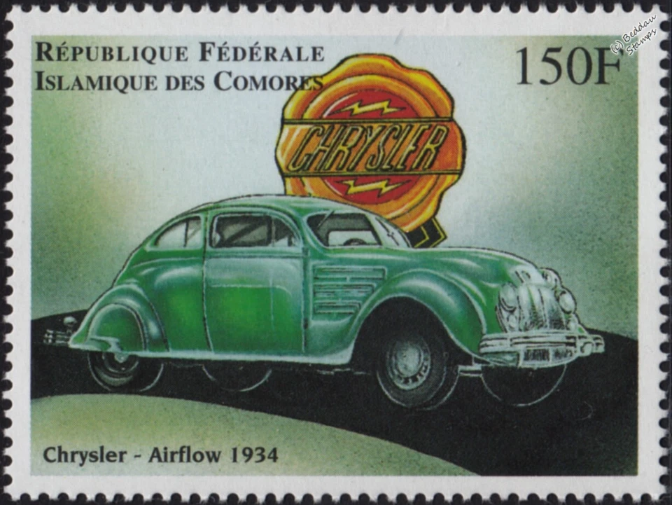 1934 CHRYSLER AIRFLOW Classic Car Automobile Stamp (1998 Comoros) - Image 1 of 1