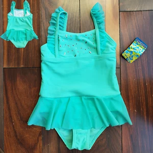 Girls Swimwear Malibu Aqua Blue Rhinestuds Mesh Ruffle Skater Skirt One Piece 5 - Picture 1 of 5